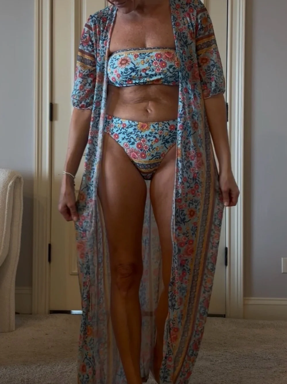Floral Bandeau Bikini Set with Matching Sheer Robe - Blue Multi